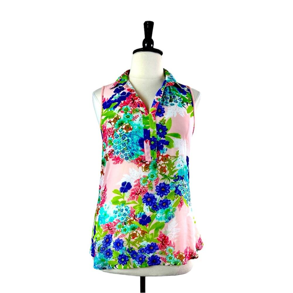 Femme Women’s Top Collared Sleeveless Mixed Media Pink Blue Multi Floral Size XL